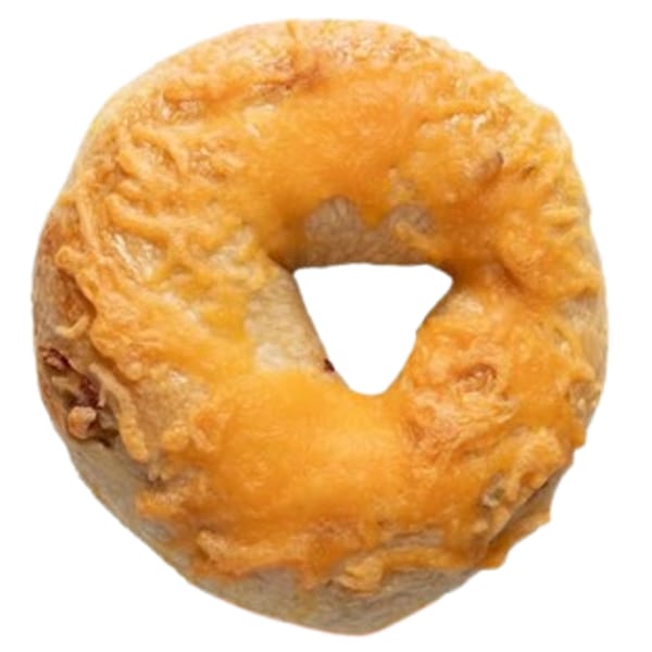 Ugly Bagel's cheese bagel, golden brown with melted cheddar cheese on top, against a white background.
