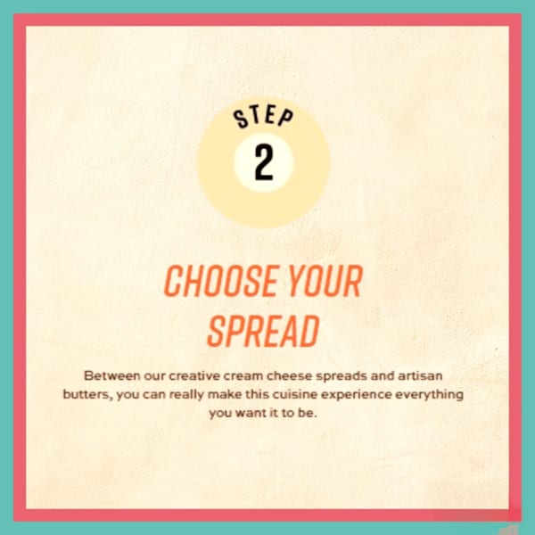 Text graphic for Ugly Bagel, "Step 2: Choose Your Spread" with description of cream cheese and butter.