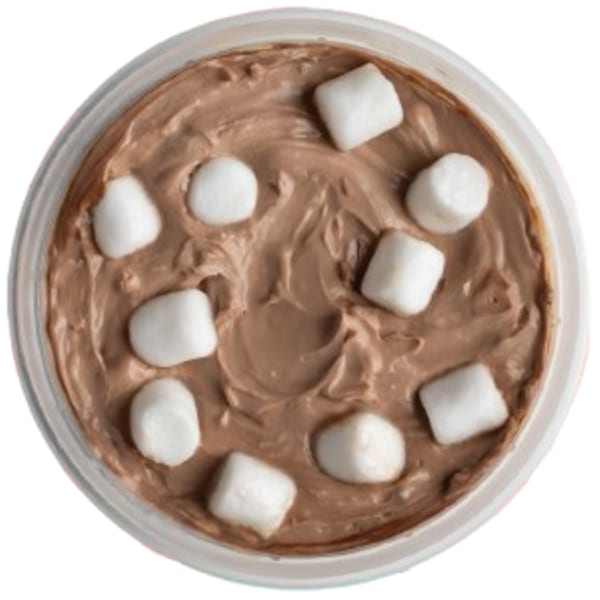 Overhead view of a container of chocolate cream cheese spread with mini marshmallows.