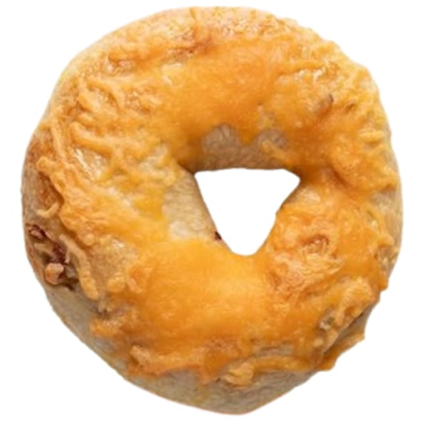 Ugly Bagel's cheese bagel, golden brown with melted cheddar cheese on top.