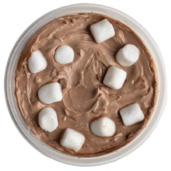 Overhead view of chocolate cream cheese with mini marshmallows in a round container.