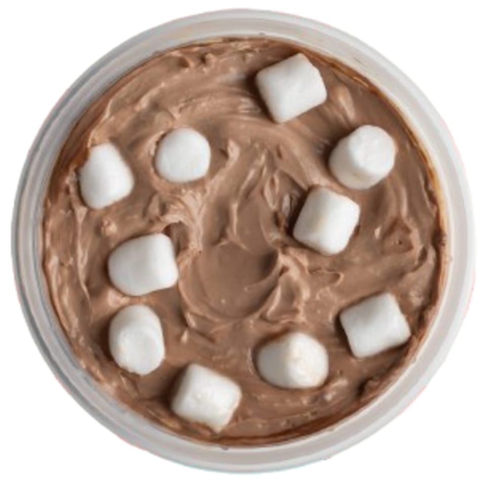 Overhead view of chocolate cream cheese with mini marshmallows in a round container.