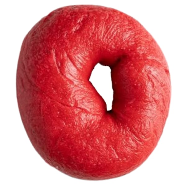 A vibrant red Ugly Bagel with a slightly textured surface, isolated on a white background.