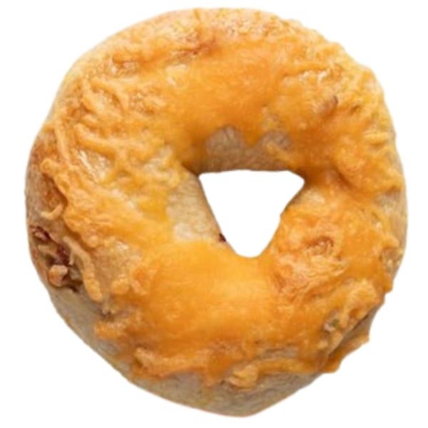 An Ugly Bagel cheese bagel, golden brown with melted orange cheese on top.